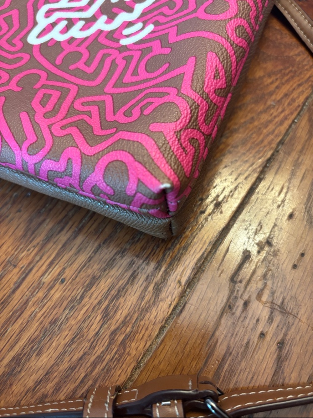 Coach x Keith Haring Zip Pouch Clutch Brown Pink Leather Canvas F11773 - Picture 7 of 11